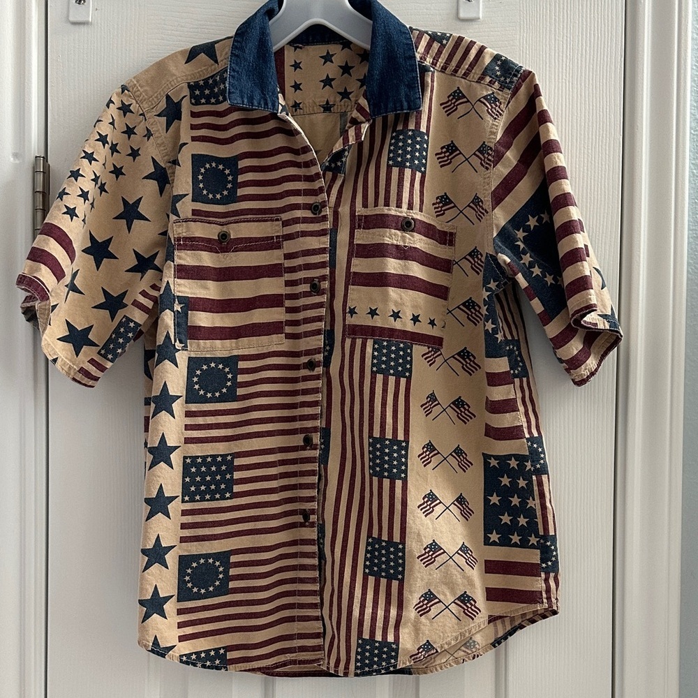 Vintage American Flag Patriotic 100% Button Down Shirt Western Denim Chambray M